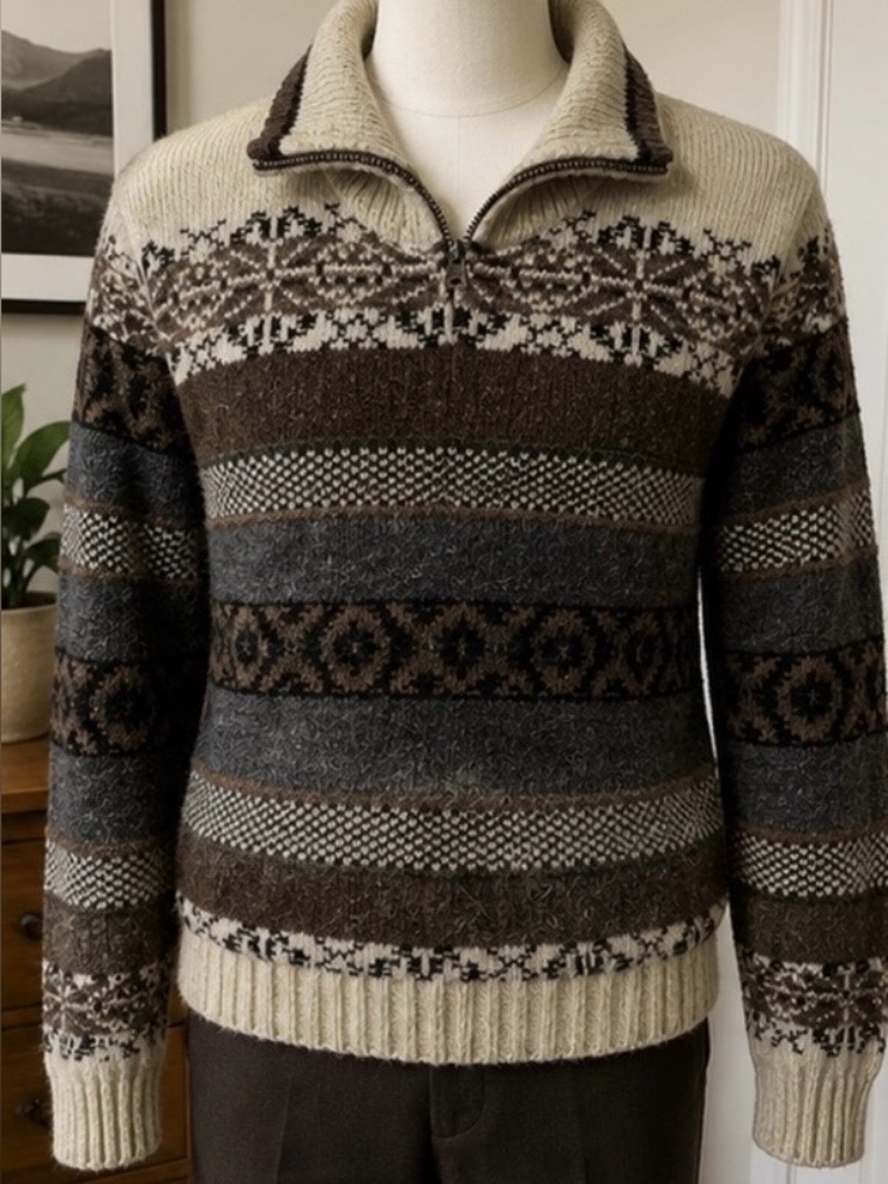 🐑 Vintage London Fog Fair Isle Grandpa Sweater Quarter Zip Wool Blend M